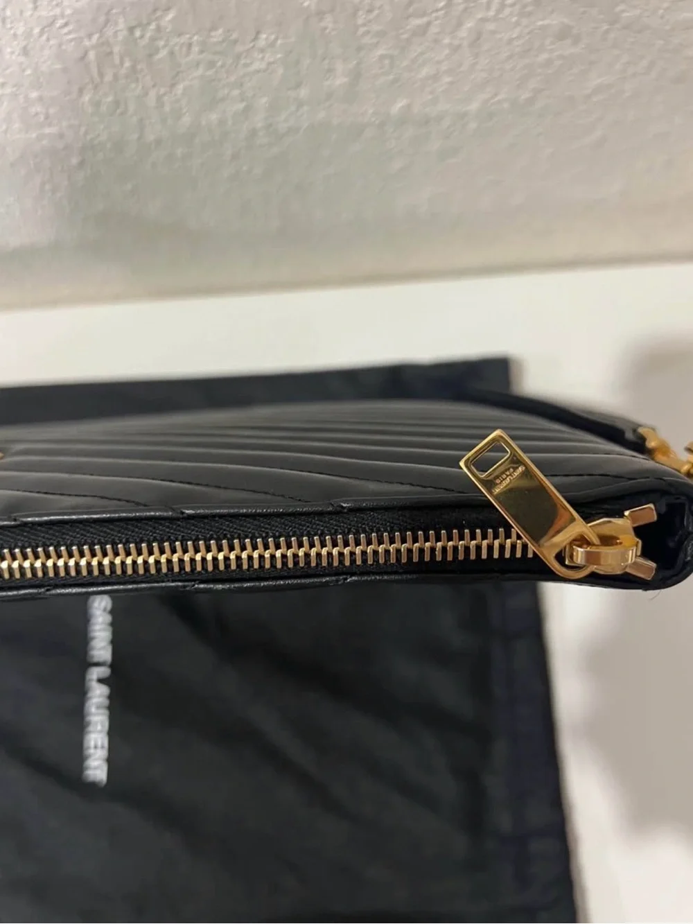 Saint Laurent Black Quilted Chevron Leather Clutch with Gold YSL